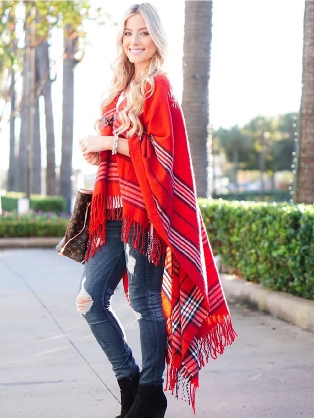 Kittenish Vibrant Red Plaid Fringe Wrap